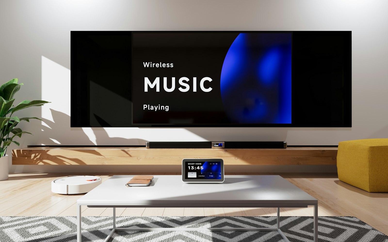 Large wall-mounted television with a soundbar